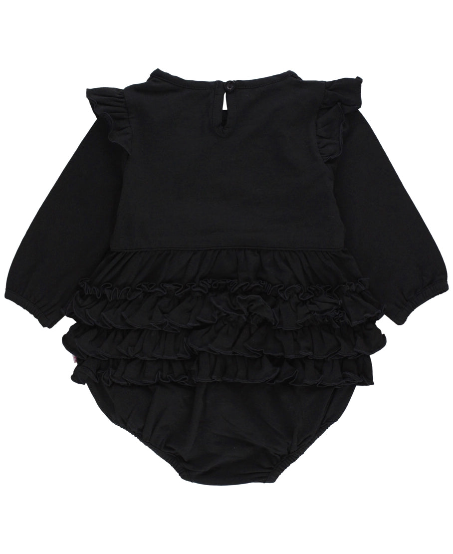 Black Knit Long Sleeve Flutter Bubble Romper