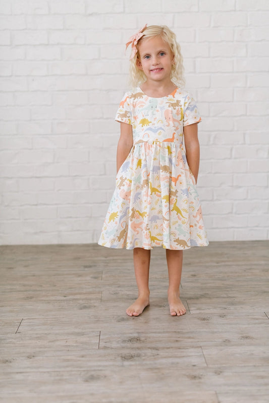 Classic Scoop Twirl in Dainty Dinos  | Pocket Twirl Dress (Ollie Jay)