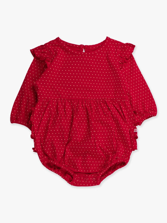 Baby Girls Tiny Red & Pink Dots Knit Long Sleeve Flutter Bubble Romper