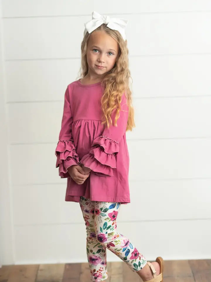 Kids Plum Floral 3 Ruffles Shirt & Leggings Set
