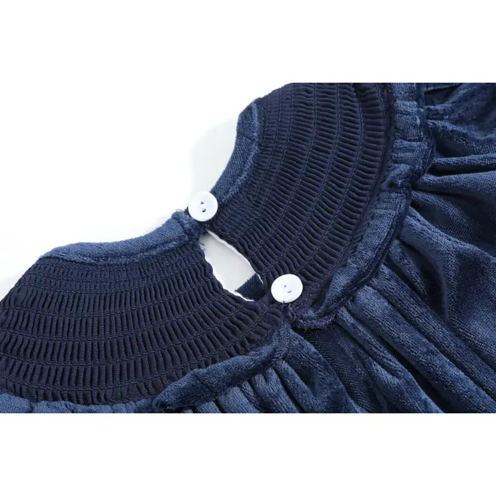 Blue Velvet Silver Bows Smocked Ruffle Bishop Dress