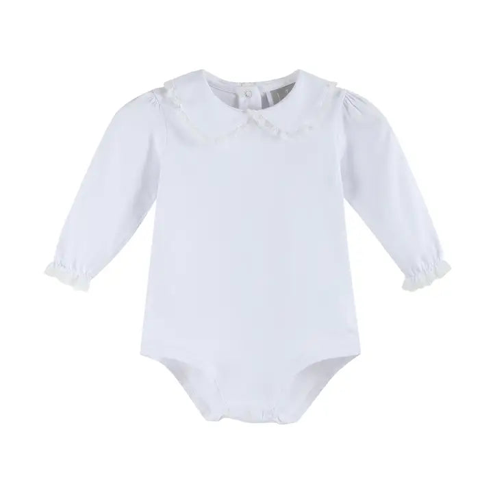 White Lace Collared Girls Long Sleeve Bodysuit