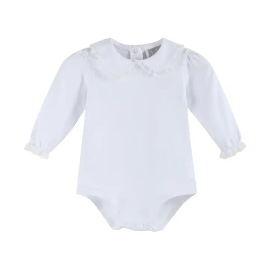 White Lace Collared Girls Long Sleeve Bodysuit