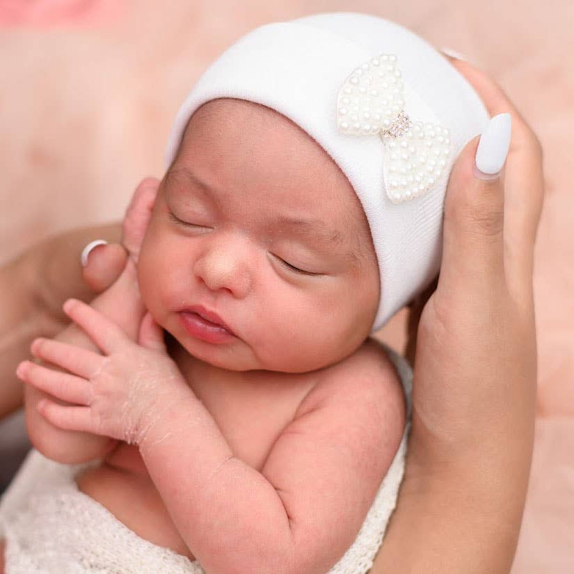 Ilybean White or Pink Hat MINI Pearl Bow Newborn Girl Hat