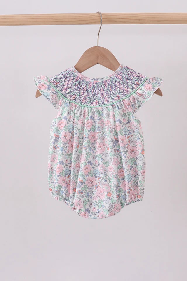 Green floral smocked ruffle bubble