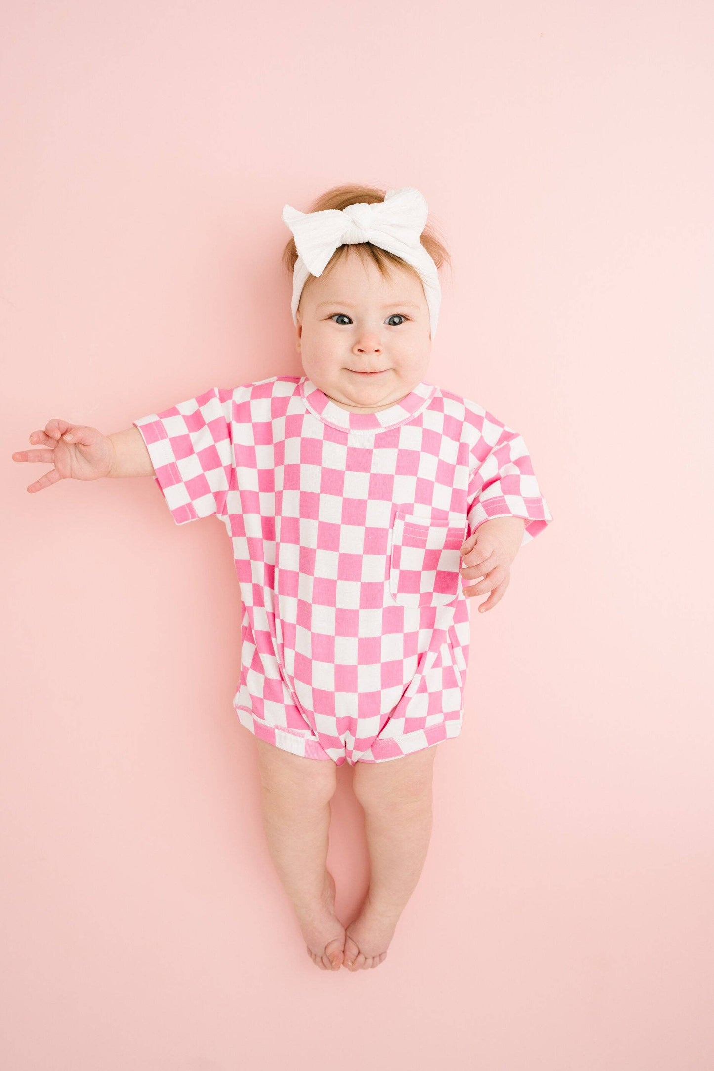 Pink Checkered Pocket Romper