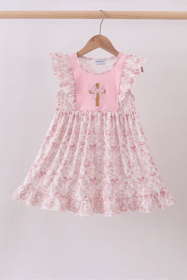 Pink Bowknot Cross Applique Ruffle Dress