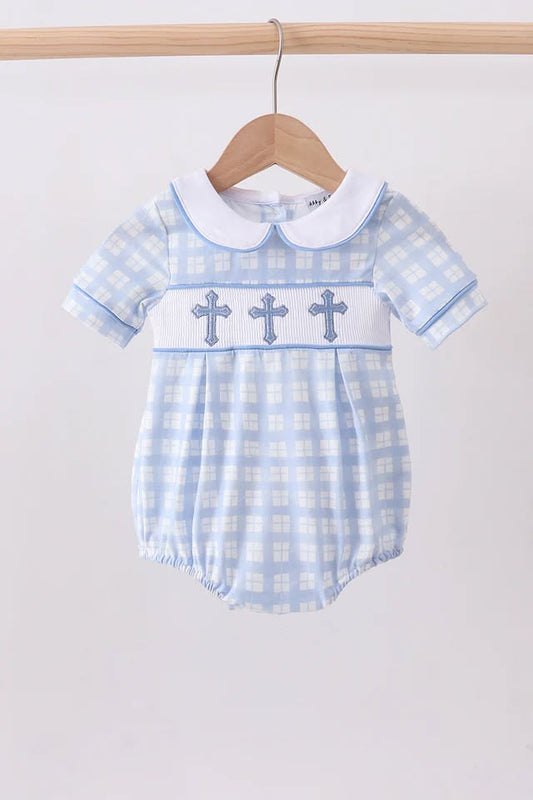 Blue cross smocked plaid bubble