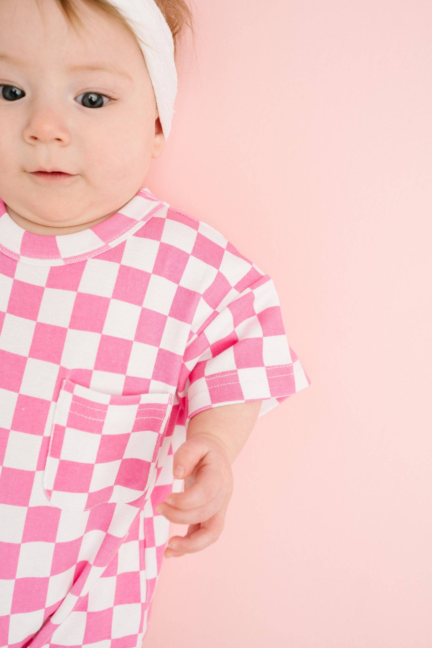 Pink Checkered Pocket Romper