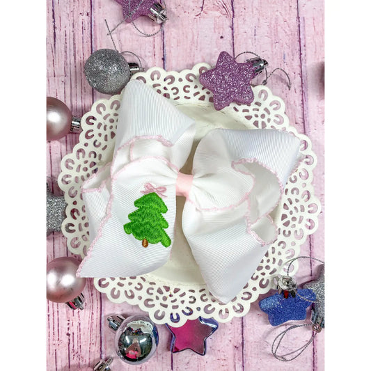 Pink Christmas Tree Embroidered Hair Bow