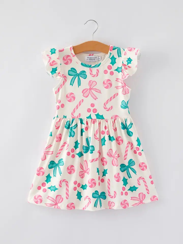 Girls Christmas Candy Bow Print Dress