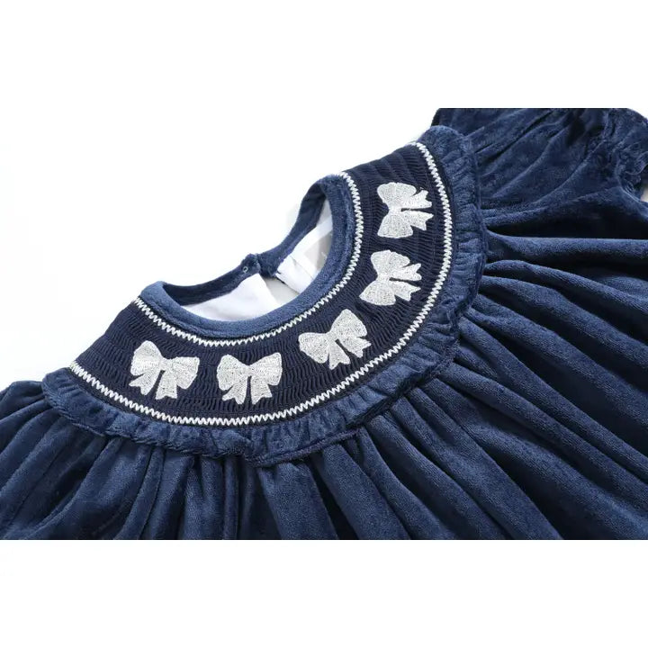 Blue Velvet Silver Bows Smocked Ruffle Bishop Dress