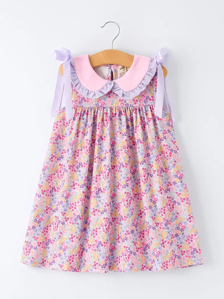 Summer Purple Floral Bow Ruffle Girls Dress