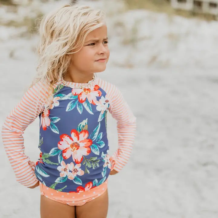Peach Stripe Rash Guard Swimsuit