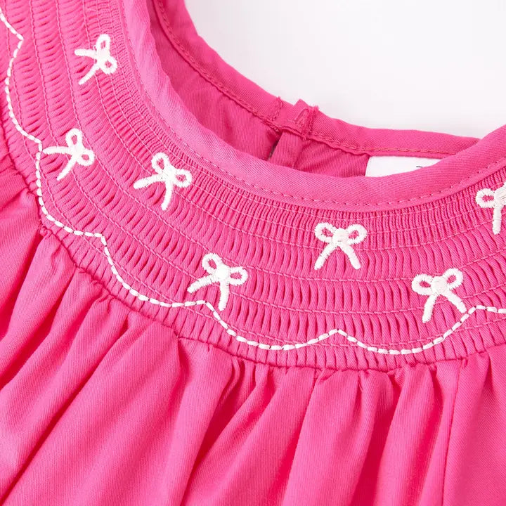 Bow Smocking Embroidered Pink Dress