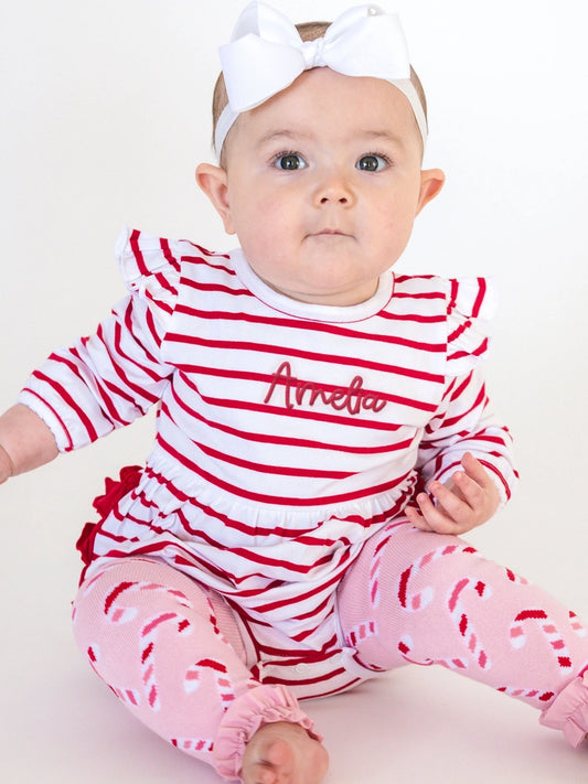 Baby Girls Red & White Stripe Knit Long Sleeve Flutter Bubble Romper