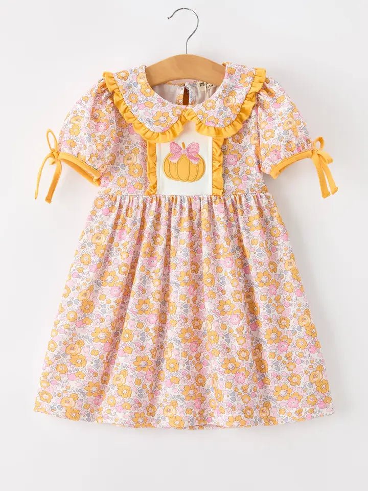 (PRESALE) Pumpkin Floral Girls Dress - (ETA End of July)