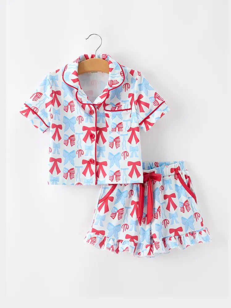 4th of July Bow Girls Pajama Set Short Sleeve Ruffle Shorts