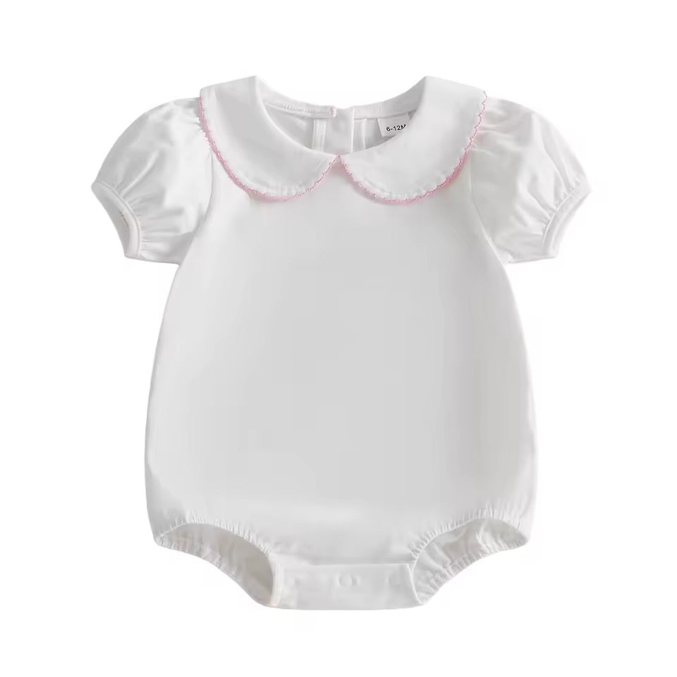White Short Sleeve Solid Color Romper (pink trim)