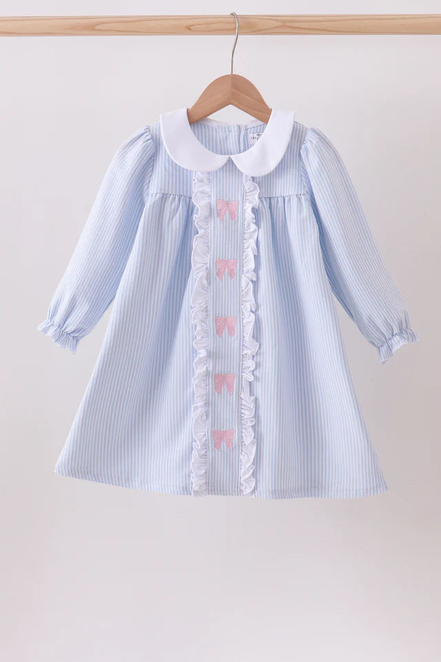 Blue Stripe Bow Embroidery Dress