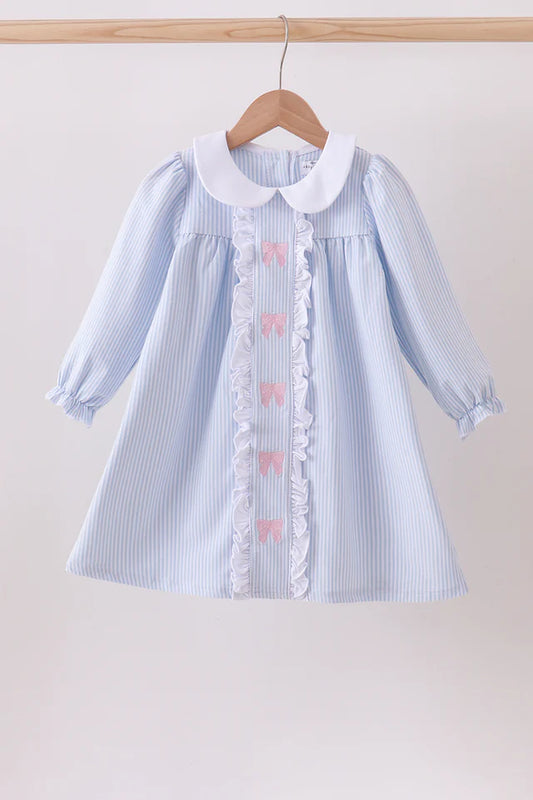 Blue Stripe Bow Embroidery Dress