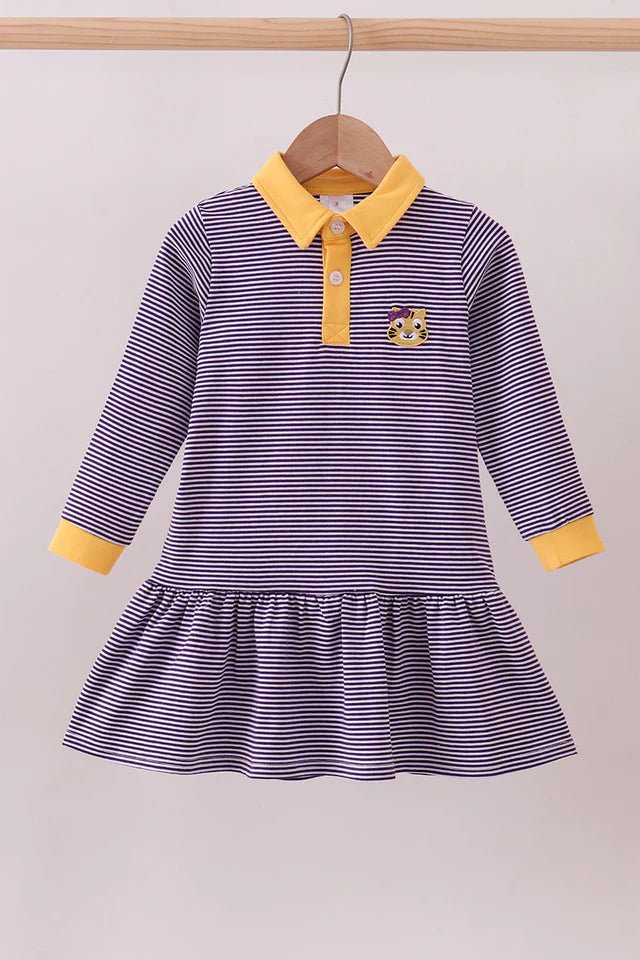 Purple & Gold Striped Tiger Collared Dress