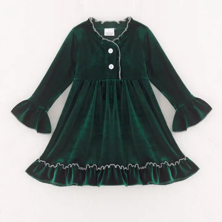 Girls Christmas Green Long Sleeves Velvet Ruffled Gown