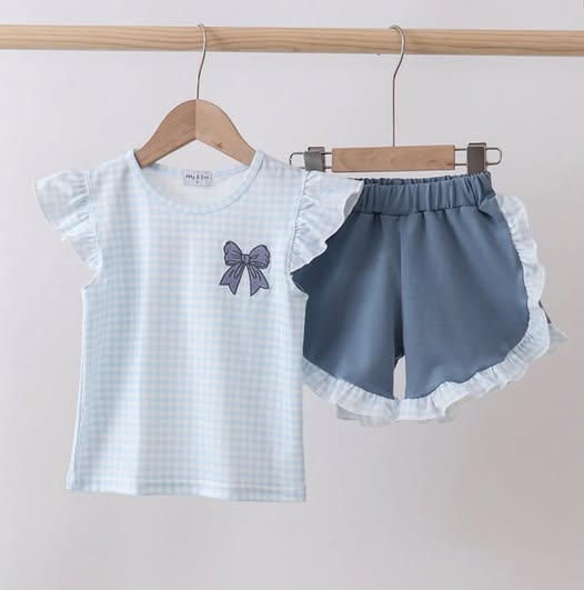 Blue Plaid Embroidered Bow Set