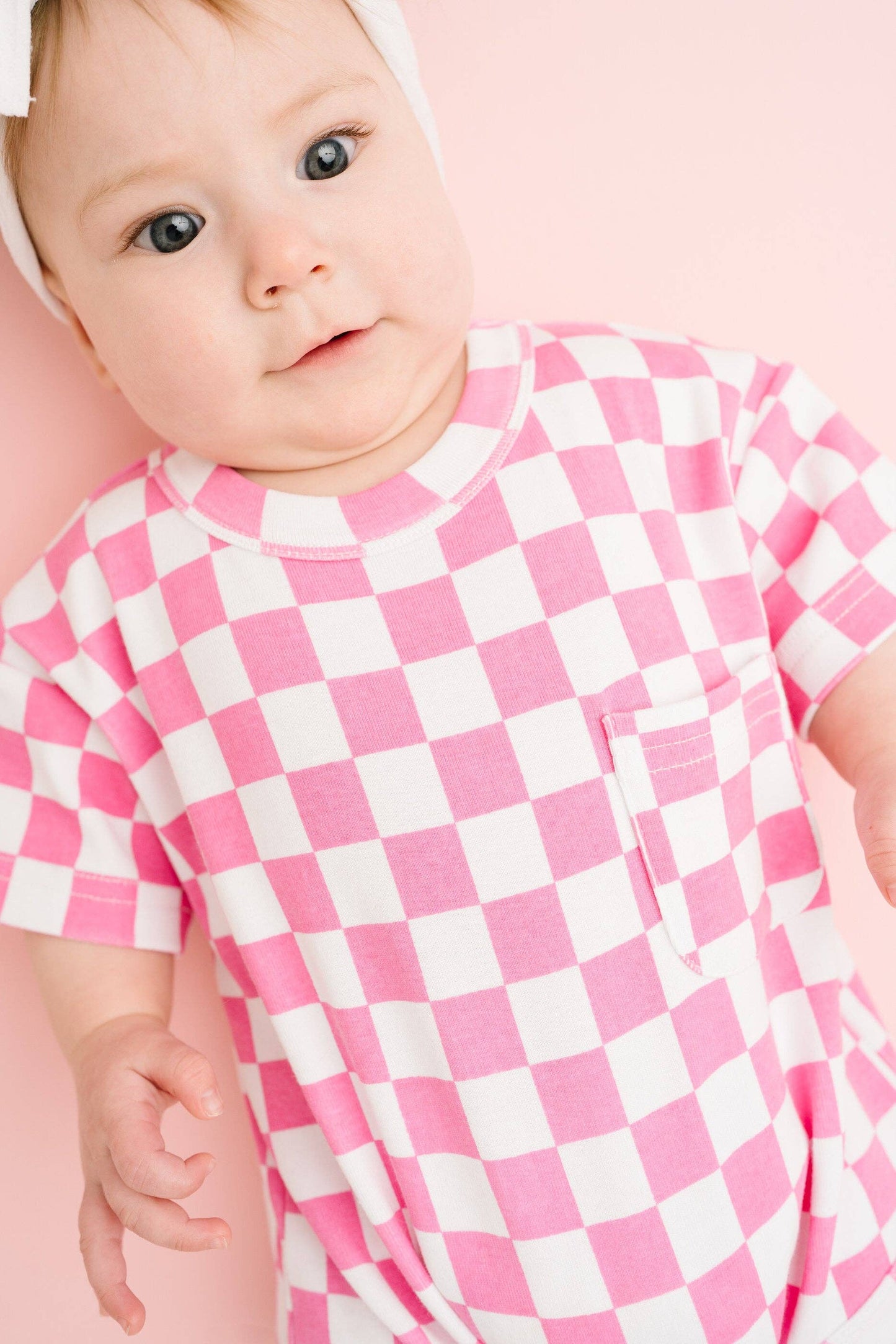 Pink Checkered Pocket Romper
