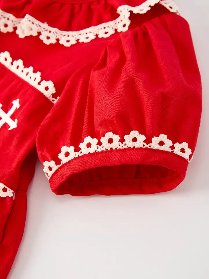 Red Cross Embroidery Dress with Lace Trim