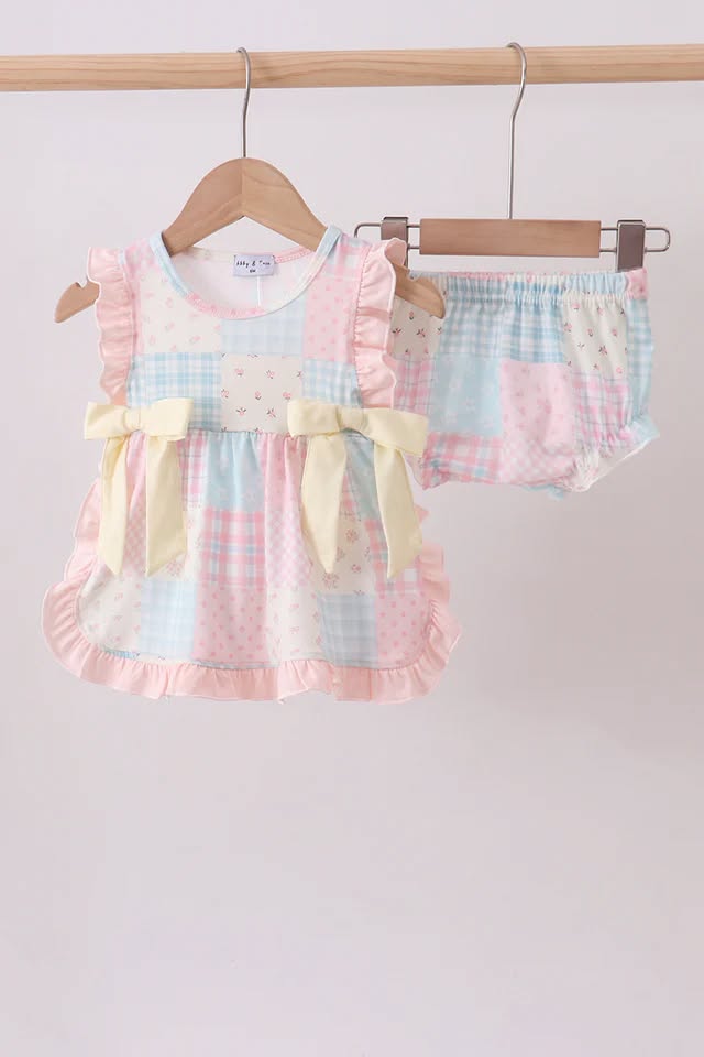 Pink Floral Print Checkered Bloomer Set