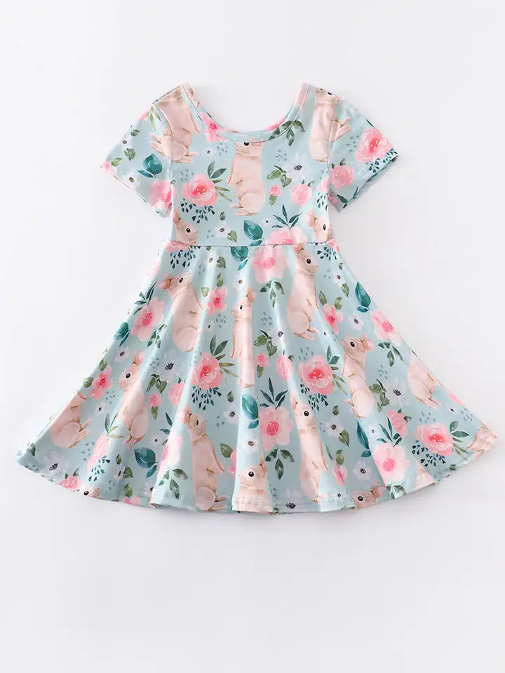 Easter Blue Rabbit Floral Girl Twirl Dress  (SPECIAL DEAL)
