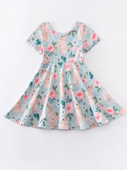 Easter Blue Rabbit Floral Girl Twirl Dress  (SPECIAL DEAL)