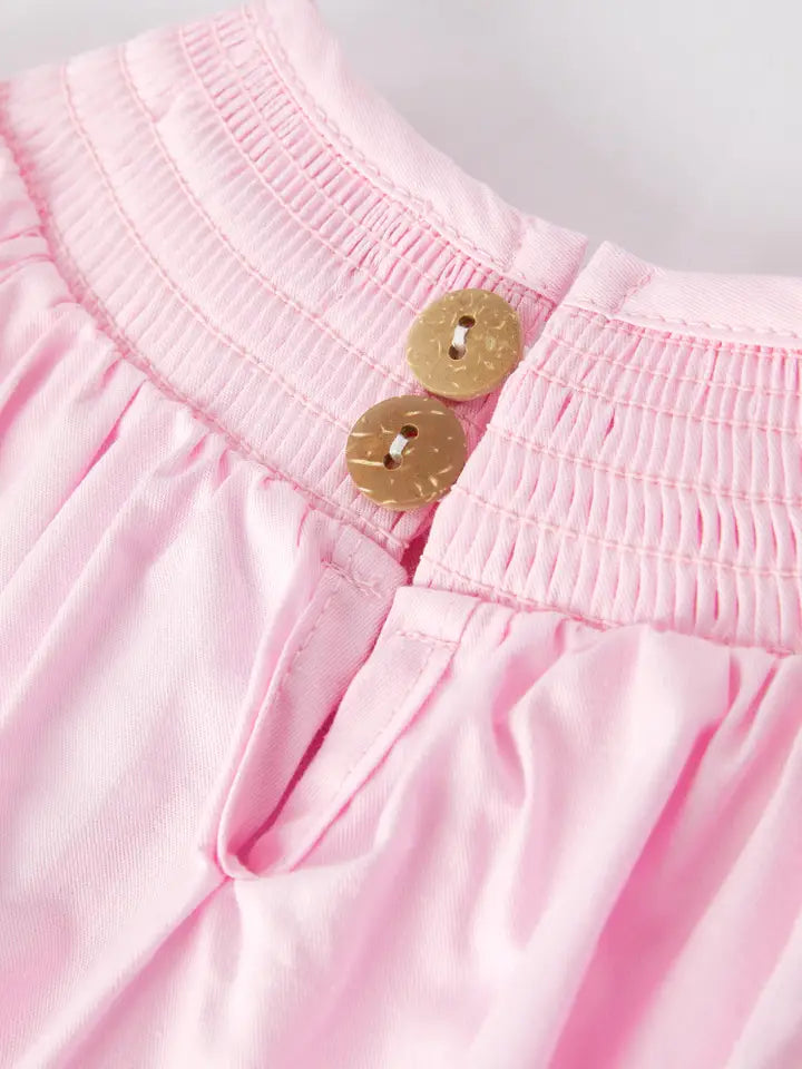 White Bow Smock Embroidered Pink Romper