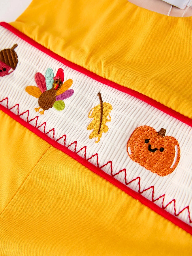 Thanksgiving Turkey Embroidered Yellow Boys Romper (ETA: mid/late July)