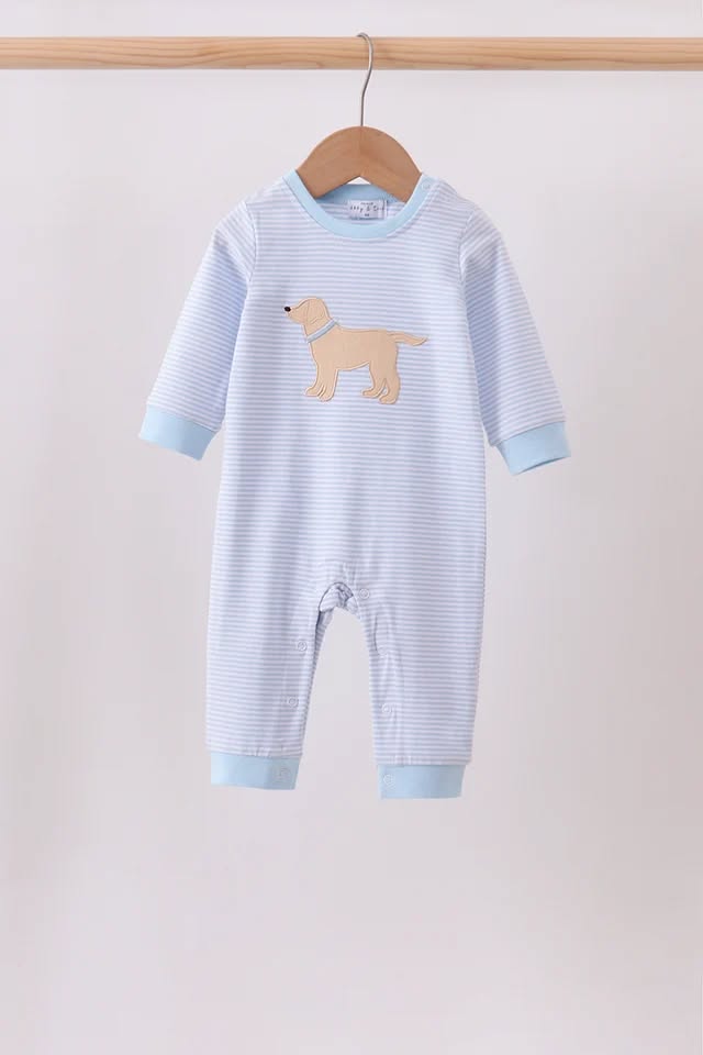 PRESALE: Blue stripe puppy embroidery romper - ETA 8/26/26