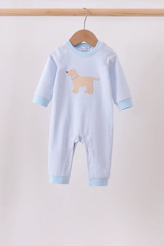 Blue stripe puppy embroidery romper