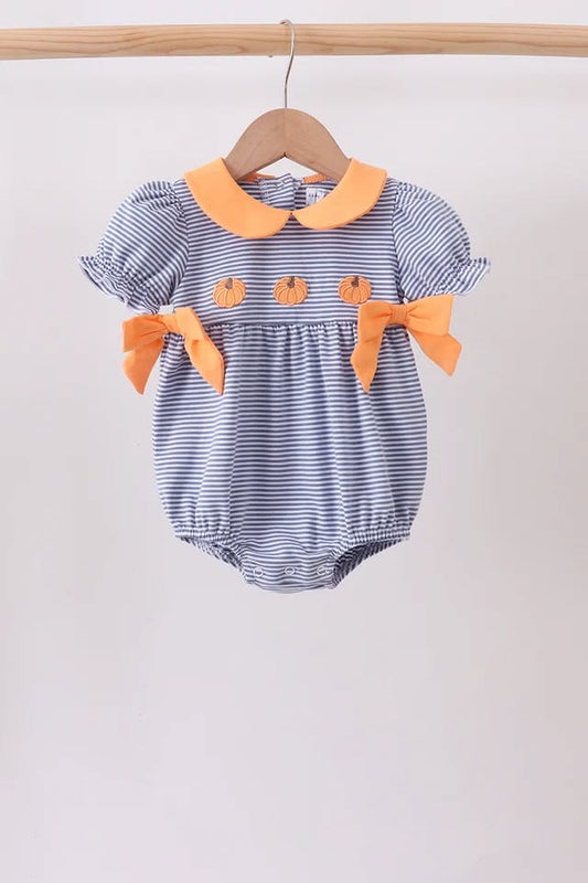 PRESALE: Teal stripe pumpkin embroidery bow bubble - ETA 8/26/26