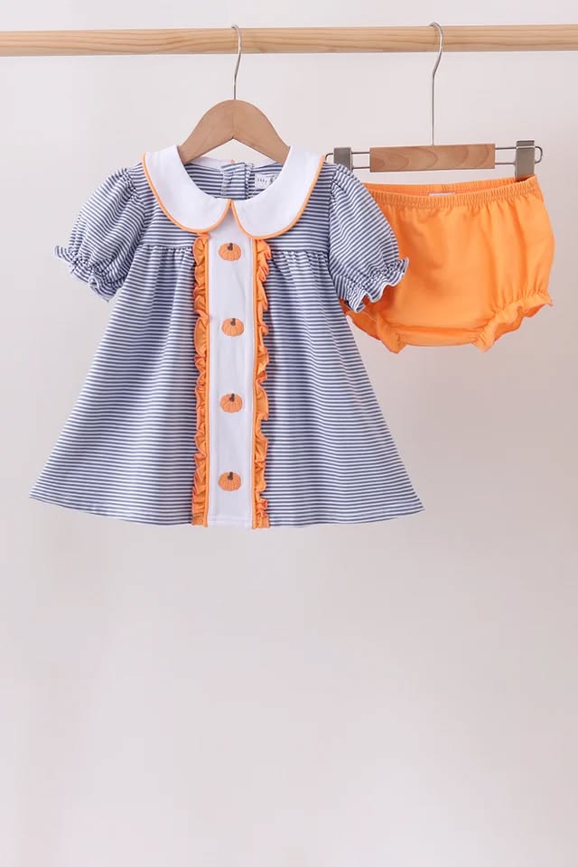PRESALE: Teal stripe pumpkin embroidery bloomer set - ETA 8/26/26