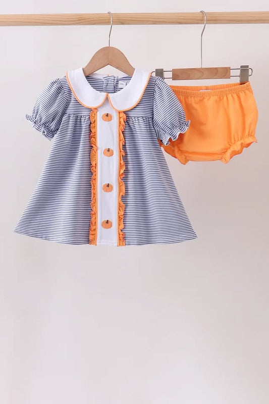 PRESALE: Teal stripe pumpkin embroidery bloomer set - ETA 8/26/26