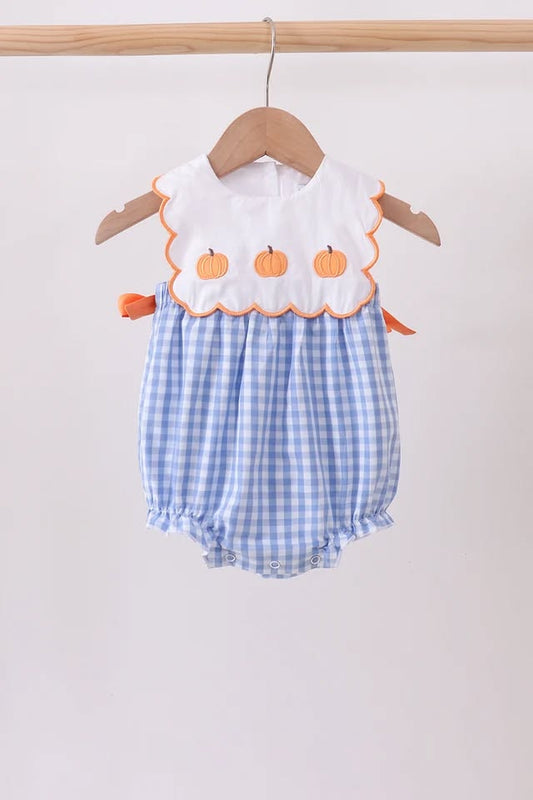 PRESALE: Blue gingham pumpkin embroidery bow bubble - ETA 8/26/26