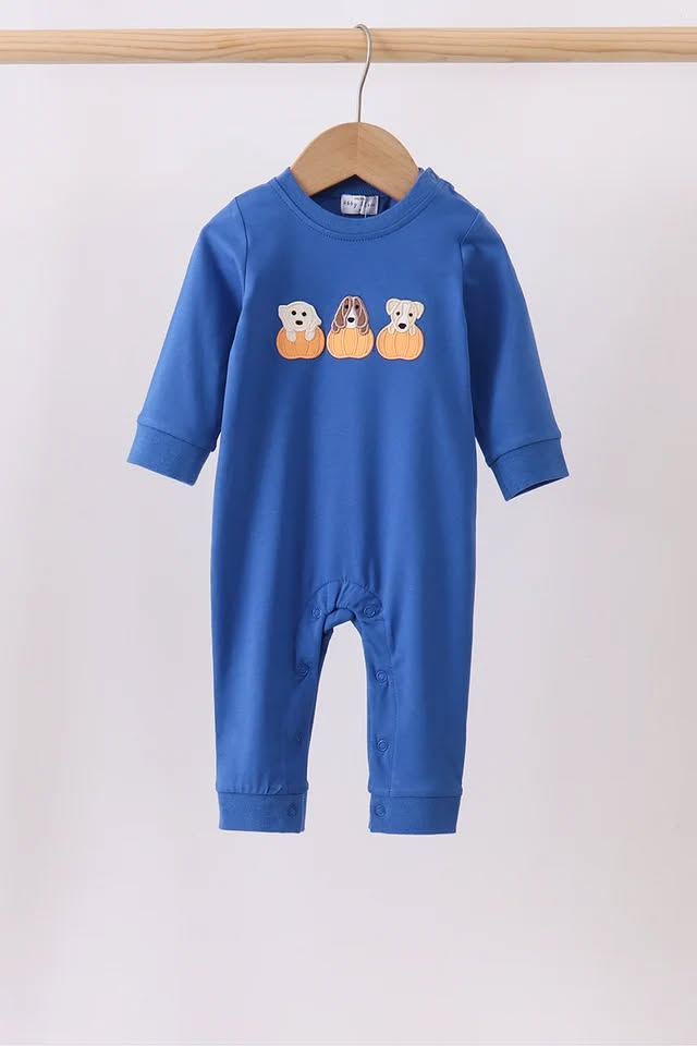 PRESALE: Royal blue puppy pumpkin embroidery romper (ETA 8/26/26)