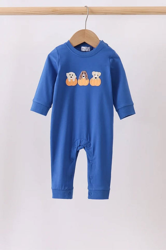 PRESALE: Royal blue puppy pumpkin embroidery romper (ETA 8/26/26)