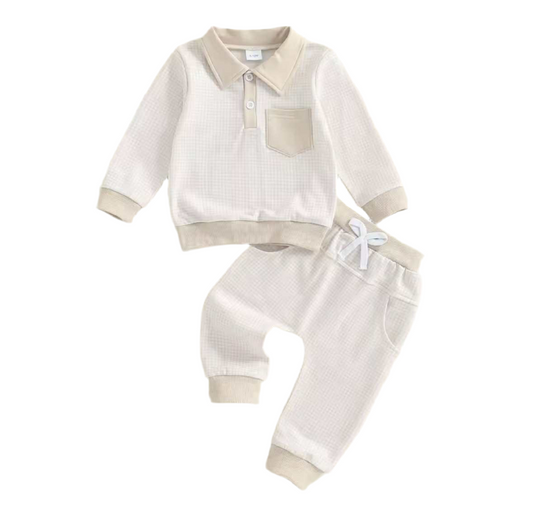 Little Gentleman Gingham Jogger Set - Neutral Beige
