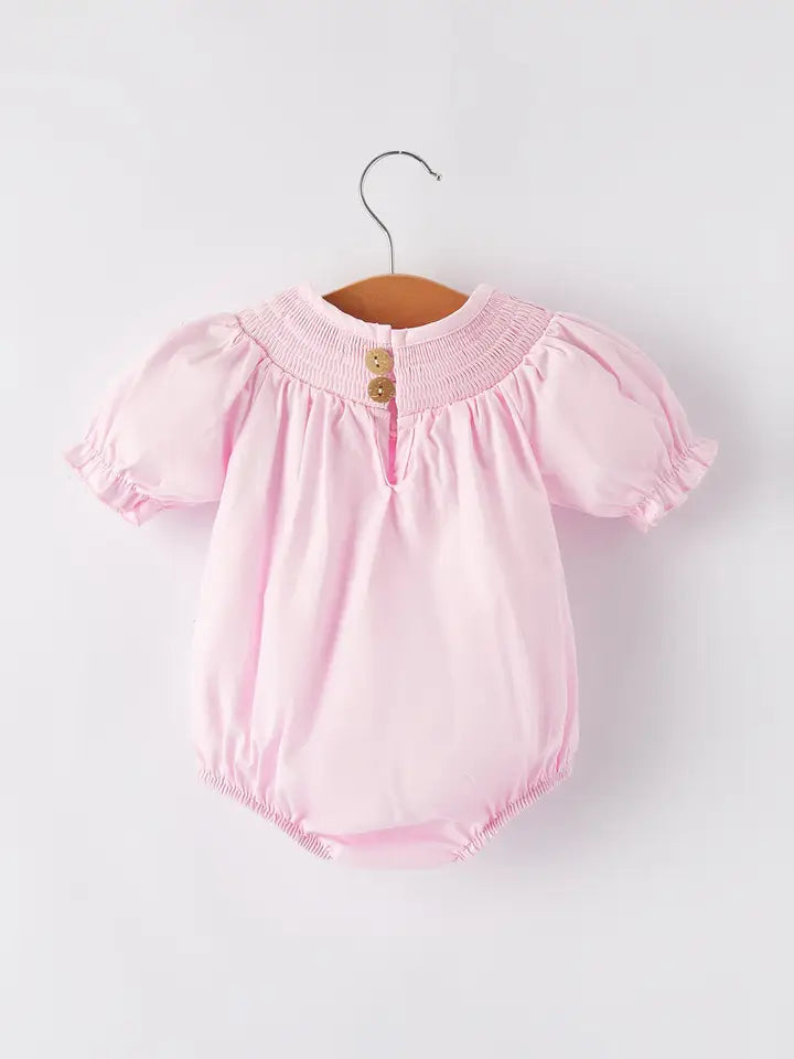White Bow Smock Embroidered Pink Romper