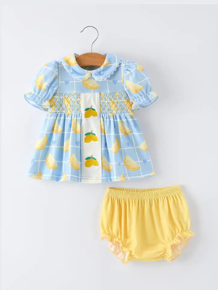 Summer Lemon Print Girls Puff Sleeve Bloomer Set