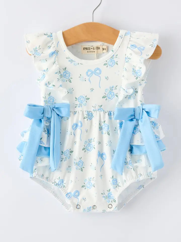 Blue Floral Baby Girls Bow Ruffle Romper
