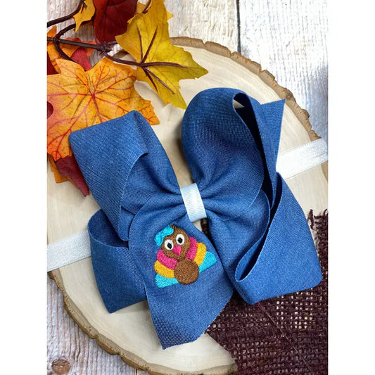 Turkey Embroidery On Denim Bow Headband