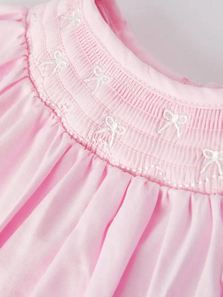 White Bow Smock Embroidered Pink Romper