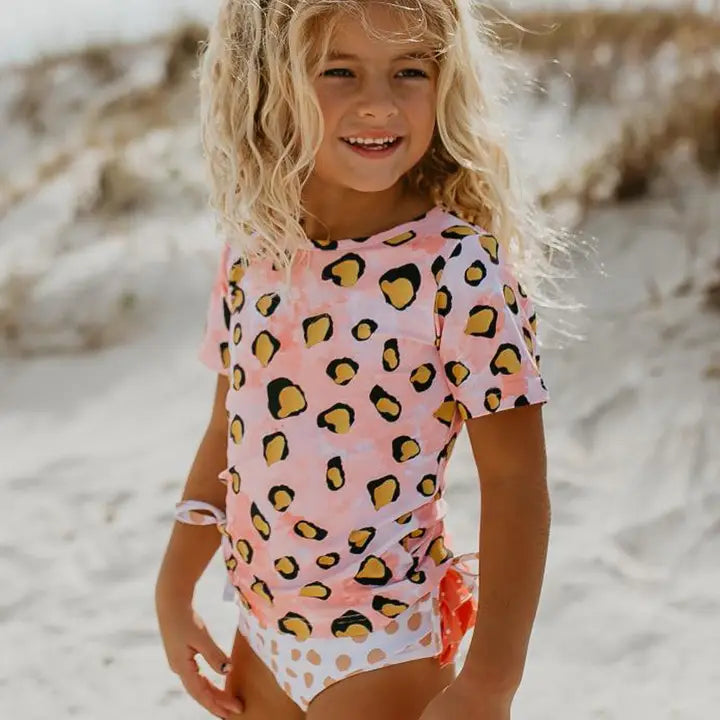 Pink Leopard Ruffle Rashguard Swimsuit